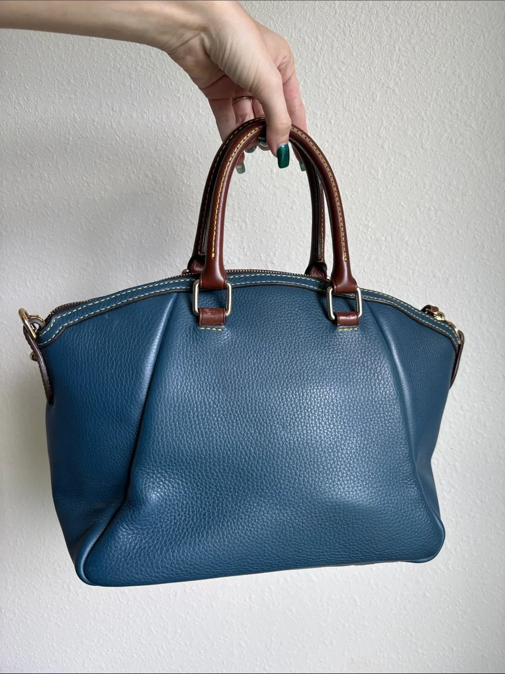 Dooney & Bourke Samba Blue Pebble Leather Satchel with Brown Trim